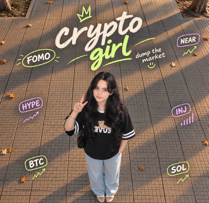 A young woman posing with a peace sign on a tiled pavement, with stylized text and graphics overlaid around her reading "Crypto girl," "FOMO," "HYPE," "BTC," "SOL," "NEAR," "INJ," and "dump the market," referencing cryptocurrency tickers and trading culture.