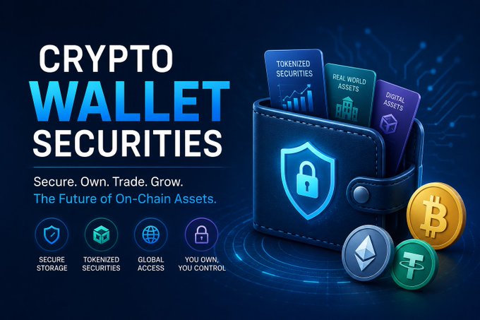 A promotional graphic for 'Crypto Wallet Securities' featuring a blue wallet with a padlock shield, labeled 'Secure. Own. Trade. Grow. The Future of On-Chain Assets.'