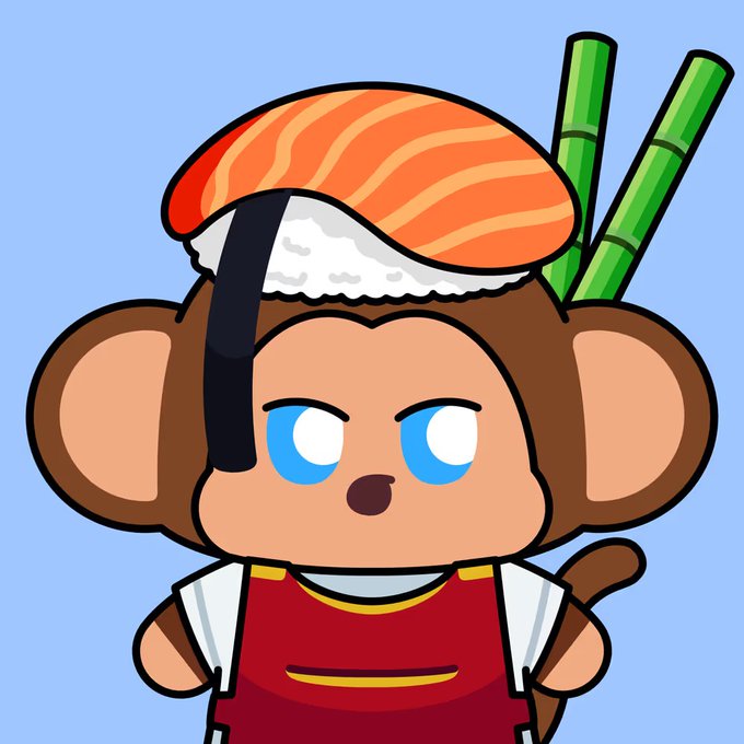 A cartoon monkey character with blue eyes wearing a large piece of salmon nigiri sushi as a hat, with green bamboo stalks behind it, on a light blue background.