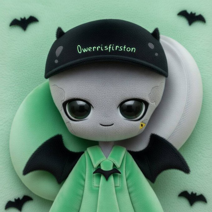 A cute creature-style figure with bat wings wearing a black cap that says 'Owerrisfirston' and a green outfit, posed against a mint green background with black bat silhouettes.