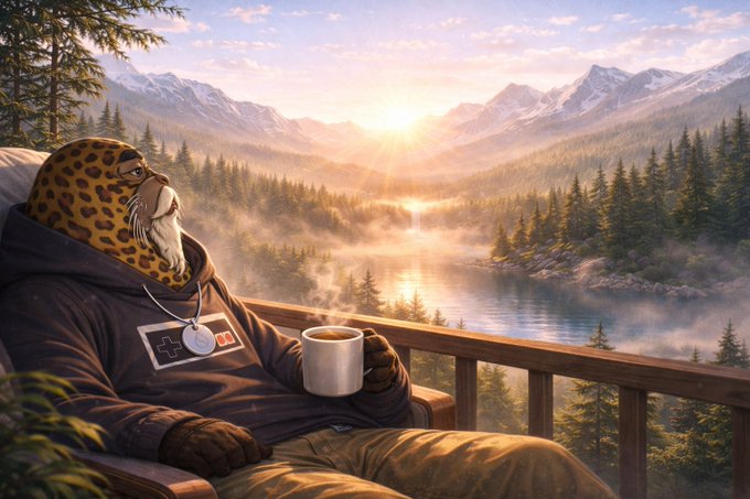A digital illustration depicts a humanoid figure with a leopard-print balaclava and a stethoscope, sitting on a balcony holding a steaming mug while watching a sunrise over a mountain lake.