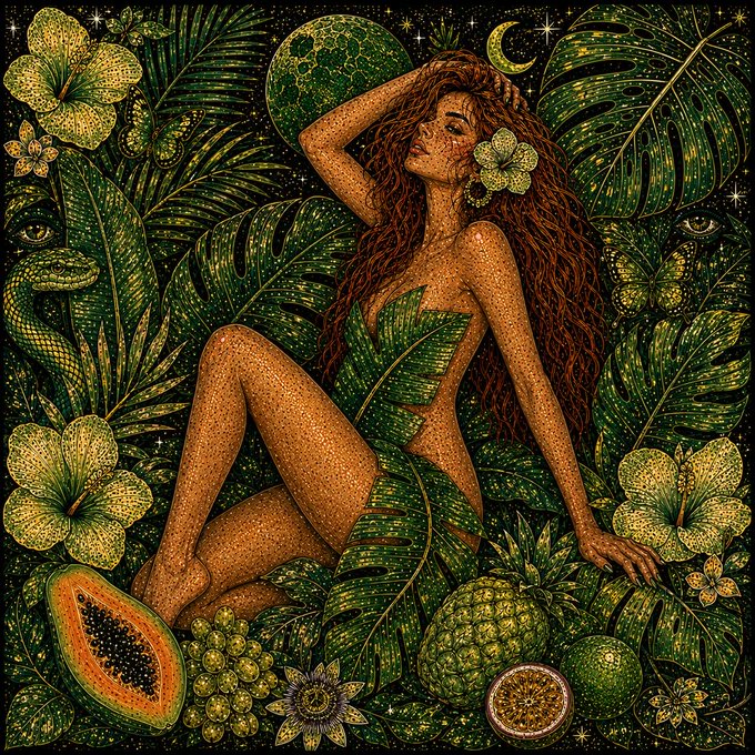 An intricate, richly detailed illustration depicts a woman with long auburn hair surrounded by lush green tropical foliage, fruits like papaya and passion fruit, and hidden snakes and eyes.
