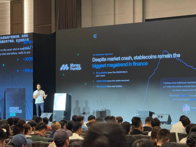 A speaker from Ethena presents at the Money Frontier 2026 conference in Hong Kong, with a slide highlighting that stablecoins remain the biggest megatrend in finance, growing to $300B+ over 9% of USD M2 in just 7 years.