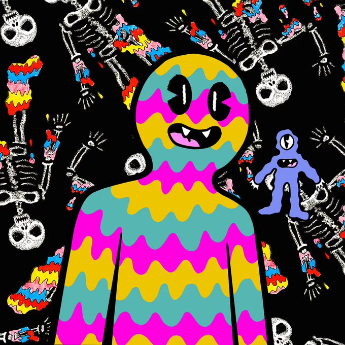 A colorful, cartoonish monster with a striped teal, yellow, and pink body and a fanged smile stands against a black background filled with repeating white skeleton patterns and a smaller purple creature. The vibrant, doodle-style artwork fits the nostalgic "OG" vibe of the caption, evoking a fun, retro monster-themed aesthetic.