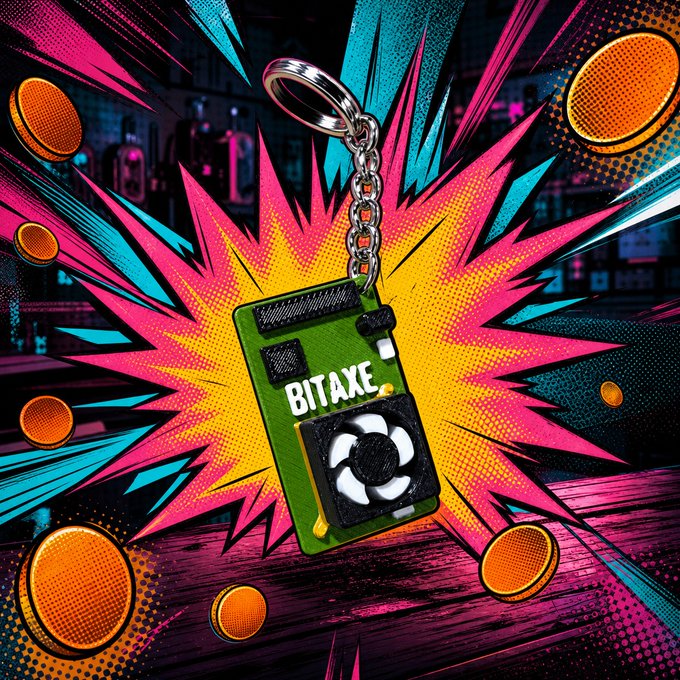 A vibrant pop-art style digital illustration depicts a green keychain labeled 'BITAXE' shaped like a mini computer circuit board with a small fan, set against a comic-style explosion background with floating gold coins.