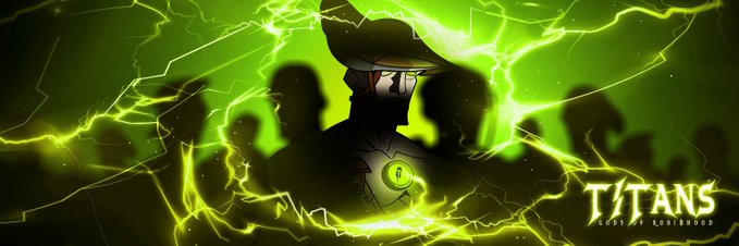 A stylized image of a masked figure wearing a hat labeled 'JSJ' surrounded by green lightning, with 'TITANS GUILD OF LORILEGHOD' text.