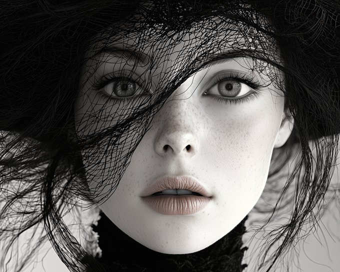 A close-up black and white portrait of a woman with striking eyes, freckles, and a black netted veil covering part of her face.