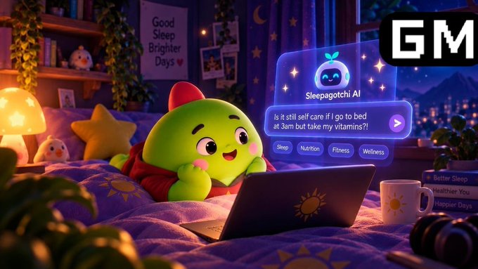 A vibrant digital illustration of a cute green creature using a laptop in bed, interacting with 'Sleepagotchi AI' which asks 'is it still self care if I go to bed at 3am but take my vitamins?', with a 'GM' logo in the corner.