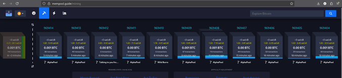 A dashboard interface titled 'meerpod.guide' showing multiple AlphaPod mining sessions with various 13-week lease IDs and yields of 0.001 BTC.