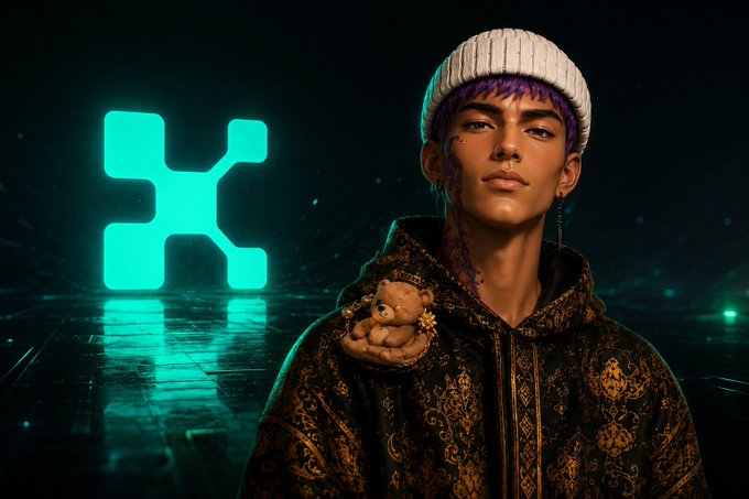 A young man with purple hair, a white beanie, and an ornate patterned hoodie holds a small teddy bear beside a glowing cyan "K" logo, symbolizing Kaito's new "Kaito Katalyst" platform that shifts focus from rewarding posts to rewarding tangible creator-driven results.