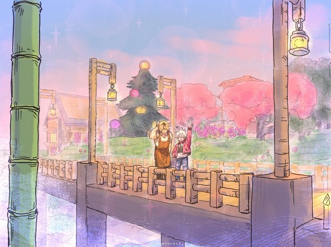 A watercolor-style illustration depicting a couple standing on a bridge with a Christmas tree and pink cherry blossom trees in the background, with the text 'NYUCKLE' visible at the bottom.