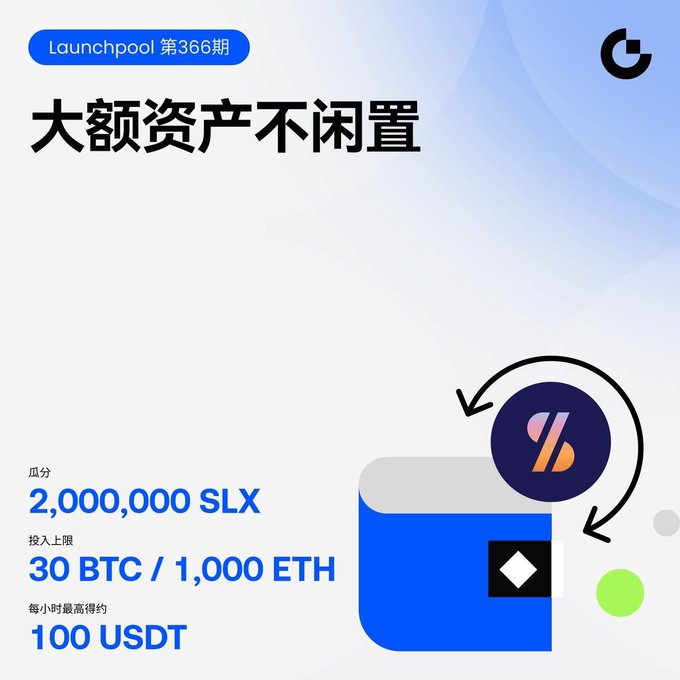 A promotional graphic for Gate.io Launchpool #366 featuring the headline "大额资产不闲量" (Large assets stay active), highlighting a 2,000,000 SLX token reward pool with investment limits of 30 BTC or 1,000 ETH and up to 100 USDT in SLX earnings per hour, visually represented by a stylized wallet and SLX token logo. The image directly corresponds to the post's message about eliminating trading thresholds and maximizing returns for large crypto holders staking BTC, ETH, or SLX.