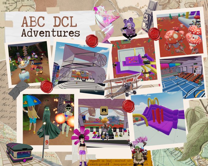 A collage of Roblox game screenshots is titled 'ABC DCL Adventures', showing various 3D environments, characters, and a small airplane.