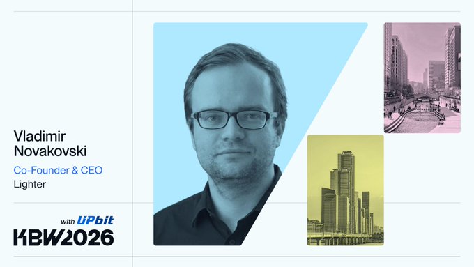 A promotional graphic for 'KBW2026 with UPbit' features a portrait of Vladimir Novakovski, 'Co-Founder & CEO Lighter', alongside stylized cityscape images.