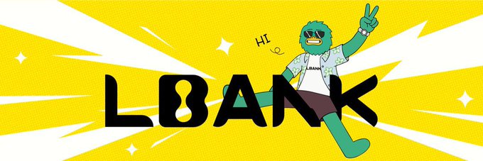 A promotional graphic with a yellow starburst background featuring a green cartoon character wearing sunglasses and a 'LBANK' shirt, alongside the 'LBANK' logo.