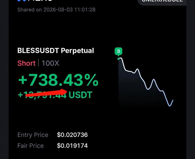 A trading PnL screenshot showing a BLESSUSDT Perpetual Short position with 100X leverage achieving +738.43% gain (+10,791.44 USDT), with entry price $0.020736 and fair price $0.019174.