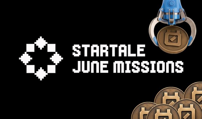 The image features a poster for an app called "Startale" that promotes June missions. The poster has a black background with white text, including the name of the app and a description of its purpose. There are also some coins scattered around the poster, which could be used as rewards or incentives for completing the missions.