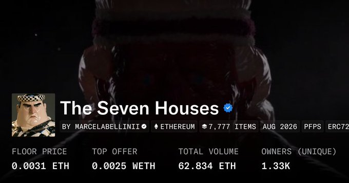 An NFT collection page for 'The Seven Houses' by Marcelabellini on Ethereum, showing 7,777 items with a floor price of 0.0031 ETH, top offer of 0.0025 WETH, and 1.33K unique owners.