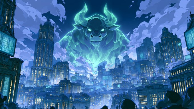 An animated digital illustration of a glowing cyan bull's head with horns emerging from the clouds over a nighttime cityscape, symbolizing a bullish market trend.