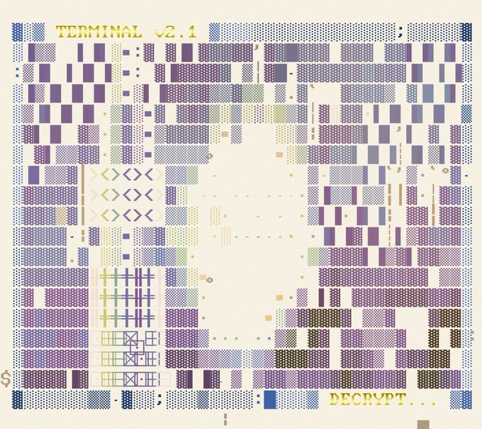 A pixel art design featuring a stylized skull or face in purple, blue, and green tones, with the text 'TERMINAL v2.1' at the top and 'DECRYPT...' at the bottom.