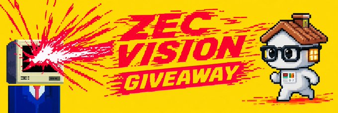 A bright yellow banner for a 'ZEC VISION GIVEAWAY' shows an exploding computer monitor on the left and a cartoon house mascot wearing sunglasses on the right.