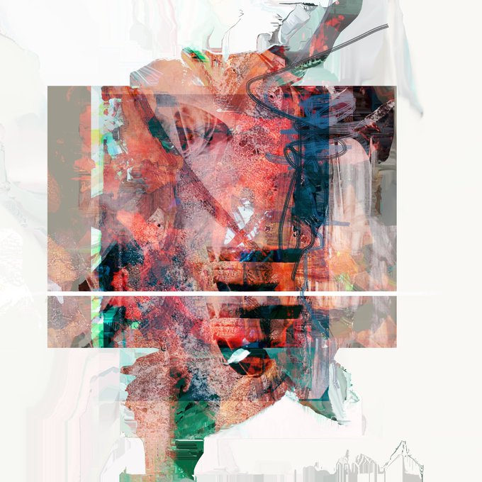 An abstract digital artwork features layered geometric shapes in red, teal, and black with chaotic scribbled lines over a white background, serving as a vibrant and edgy visual greeting to kick off "Friday Gm" with creative flair.