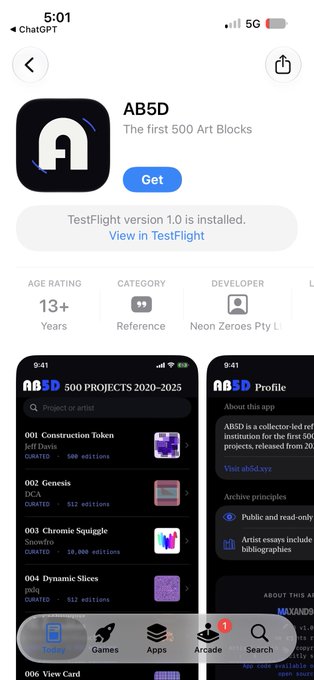 An App Store screenshot for 'AB5D - The first 500 Art Blocks' app by Neon Zeroes Pty Ltd, showing a TestFlight installation notice and featured projects like Construction Token, Genesis, Chrome Squiggle, and Dynamic Slices.