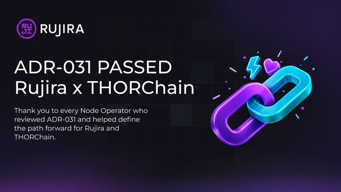 The image depicts the "ADR-031 PASSED" announcement for the Rujira x THORChain partnership, celebrating a milestone achieved together. The interlocking chains symbolize their strengthened collaboration, tying into the post's narrative of future building and development.