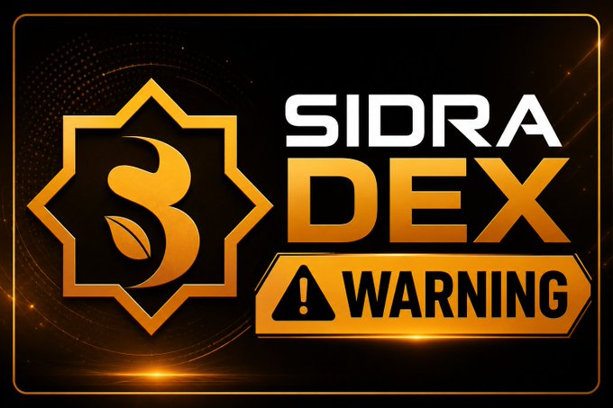 A warning banner featuring the "Sidra Dex" logo with an 8-pointed star emblem alongside an exclamation-mark "WARNING" label, cautioning the crypto community about a potentially unverified Sidra Dex website circulating online.