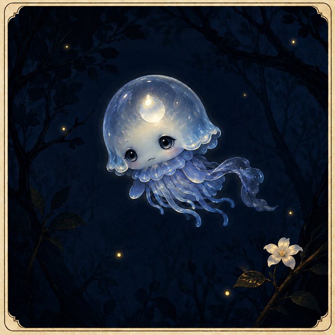 A whimsical digital illustration of a cute, glowing translucent jellyfish-like creature with large eyes, floating in a dark forest setting at night with small fireflies and a white flower.
