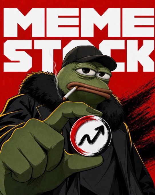 A stylized illustration features a tough-looking Pepe the Frog in a black cap and coat smoking, pointing toward the viewer with text 'MEME STOCK' and an upward trending arrow displayed prominently.