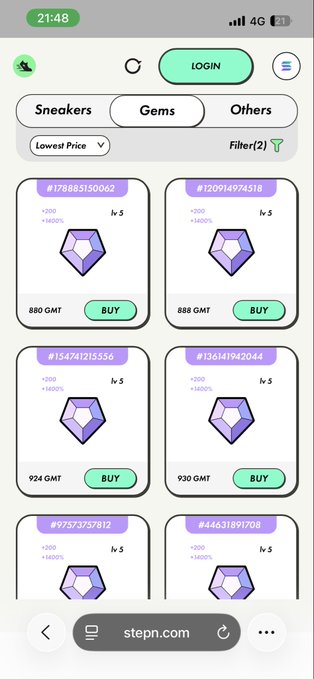 The image shows a phone screen displaying a list of items for sale, including purple gemstones. The screen also has a button that says "StepN" at the bottom left corner. This suggests that the user might be browsing or searching for specific items on the app.
