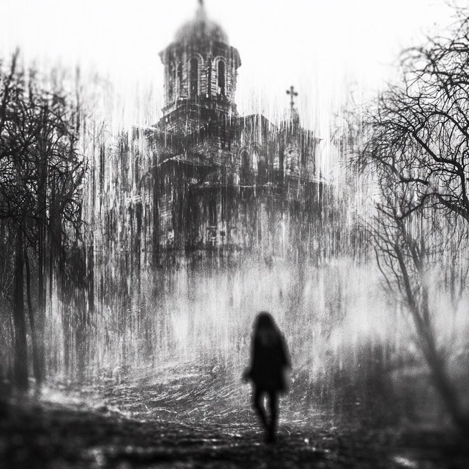A black and white eerie, glitch-style image of a silhouetted figure walking toward an old church or building with a bell tower in a foggy, desolate landscape.