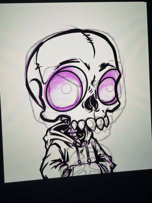 Hand-drawn sketch of a stylized skull character wearing a hoodie, featuring glowing purple eyes, prominent teeth, and bold black linework on white paper.