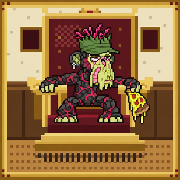 Pixel art of a monstrous, lava-textured creature with green spiky hair holding a slice of pizza while sitting on a throne.