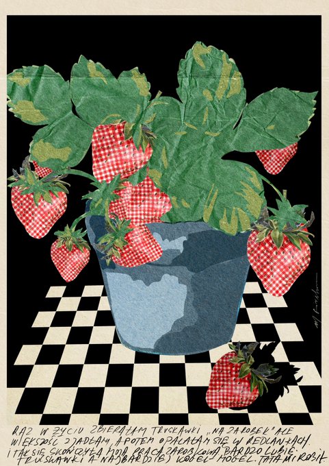 Collage artwork depicting a strawberry plant with red gingham-patterned strawberries growing in a blue pot on a black-and-white checkered surface, with handwritten Polish text below.