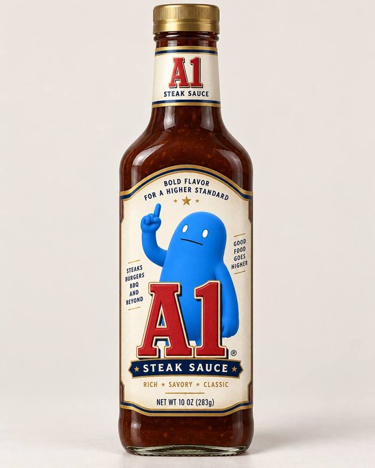 A bottle of A1 Steak Sauce featuring its signature blue character mascot pointing upward, labeled 'Bold Flavor For A Higher Standard' and 'Steaks, Burgers, BBQ and Beyond.'