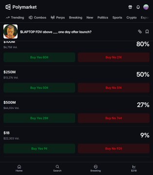 A Polymarket prediction market interface displaying a betting contract on '$LAFTOP FDV above ___ one day after launch?' with Yes/No percentage odds and dollar value tiers ranging from $100M to $1B.