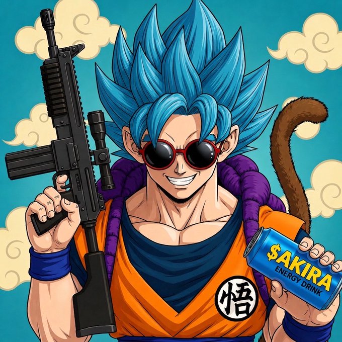 An anime-style illustration depicts a blue-haired Goku-like character wearing red round sunglasses and an orange gi, holding an assault rifle in one hand and a blue can labeled '$AKIRA ENERGY DRINK' in the other.