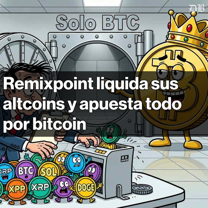 A cartoon illustration with text 'Solo BTC' shows a man putting altcoins (XRP, BTC, SOL, XPP, DOGE) into a machine while a Bitcoin coin wearing a crown watches, with Spanish text reading 'Remixpoint liquida sus altcoins y apuesta todo por bitcoin' (Remixpoint liquidates its altcoins and bets everything on Bitcoin).