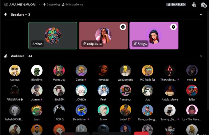 A Discord-style AMA (Ask Me Anything) audio session titled 'AMA WITH MUORI' showing 3 speakers including 'Archan', 'ontigtutu', and 'Shuga' with 44 audience members visible below in a grid of avatars.