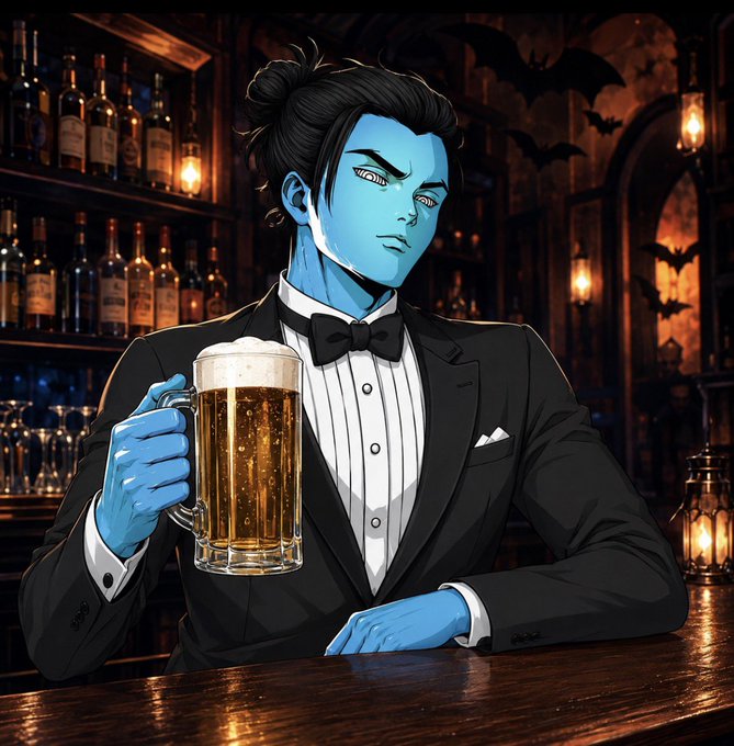 A blue-skinned, elegant figure in a tuxedo sits at a dimly, gothic-style bar holding a foaming mug of beer, evoking the moody, community-driven vibe of a "Thirsty Thursday" gathering where conversations flow as freely as the drinks.