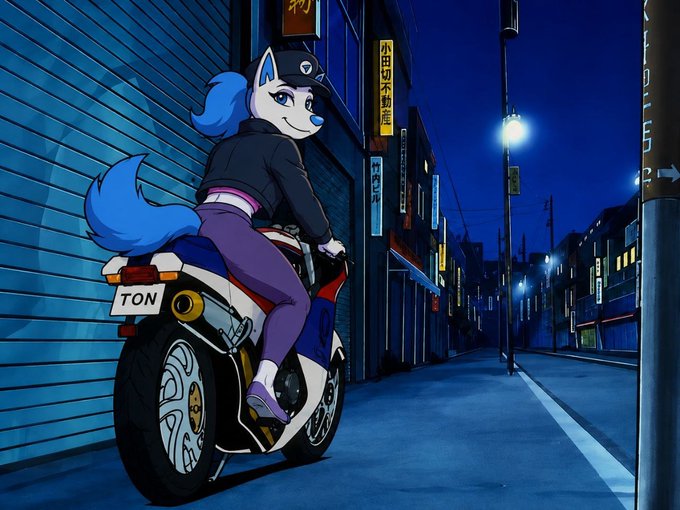 The image features a cartoon character, possibly a dog or a fox, sitting on top of a motorcycle parked on an empty street at night. The character appears to be wearing a jacket with the number 40 on it. There are also some signs visible in the background that read "Gm! Can I give you a ride?". This suggests that the image is related to a post or social media account promoting a ride-sharing service, possibly for cartoon characters or other unique individuals who want to travel together.