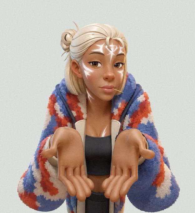 A stylized 3D character with blonde hair, white face markings, and a red, white, and blue patterned fleece jacket holds out both hands toward the viewer.