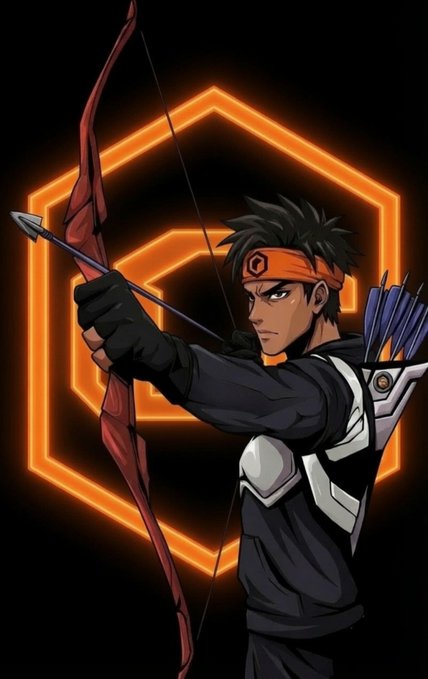 An anime-style character with dark hair and an orange headband drawing a red bow and arrow, set against a glowing orange hexagonal background.
