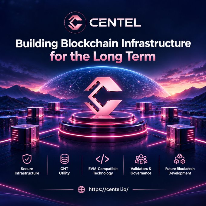 The image is a promotional graphic for CENTEL, featuring the tagline "Building Blockchain Infrastructure for the Long Term" alongside the CENTEL logo set against a futuristic, neon-lit digital landscape with a glowing 3D "C" symbol and networked servers. It highlights five key features: Secure Infrastructure, CNT Utility, EVM-Compatible Technology, Validators & Governance, and Future Blockchain Development, with the website "centel.io" displayed at the bottom.