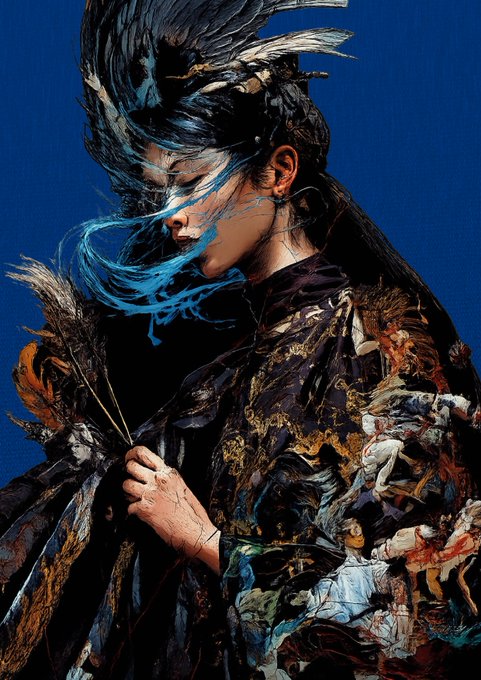 A dark, artistic digital portrait of a woman in ornate traditional clothing with feathers and flowing blue hair against a blue background.