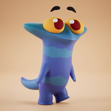 A 3D rendered character resembling a blue and purple creature with large yellow eyes and a wide, flat head.