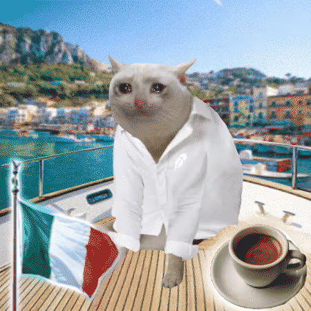 A white cat wearing a button-up shirt sits on a yacht deck beside an espresso cup and an Italian flag, with a coastal town in the background—evoking a luxurious, retirement-on-the-Mediterranean vibe that matches the post's vision of early NFT holders becoming wealthy from Cashcat's success.