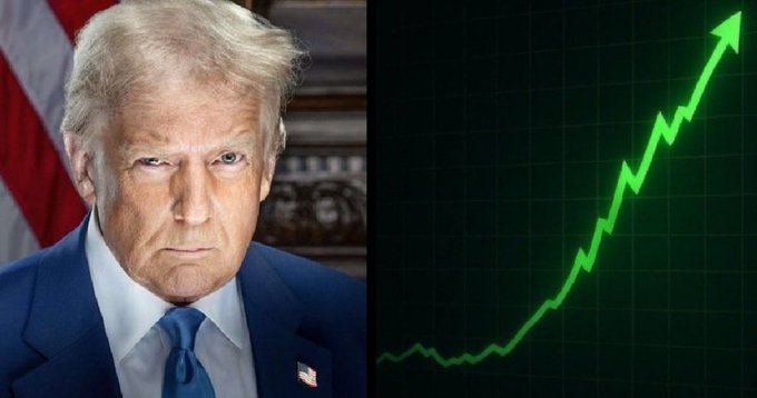 The image shows a split of Donald Trump and a green upward trending stock market graph, symbolizing the positive impact of the U.S. opening doors to crypto banks.